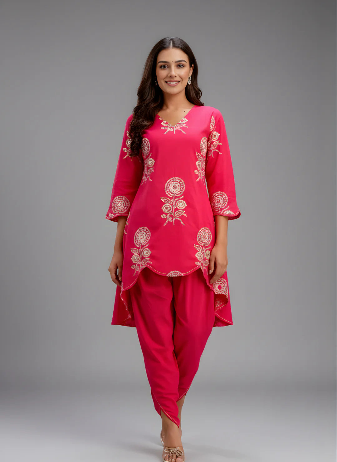 Designer Pink Co-ord Set with Tulip Pants & White Floral Embroidery