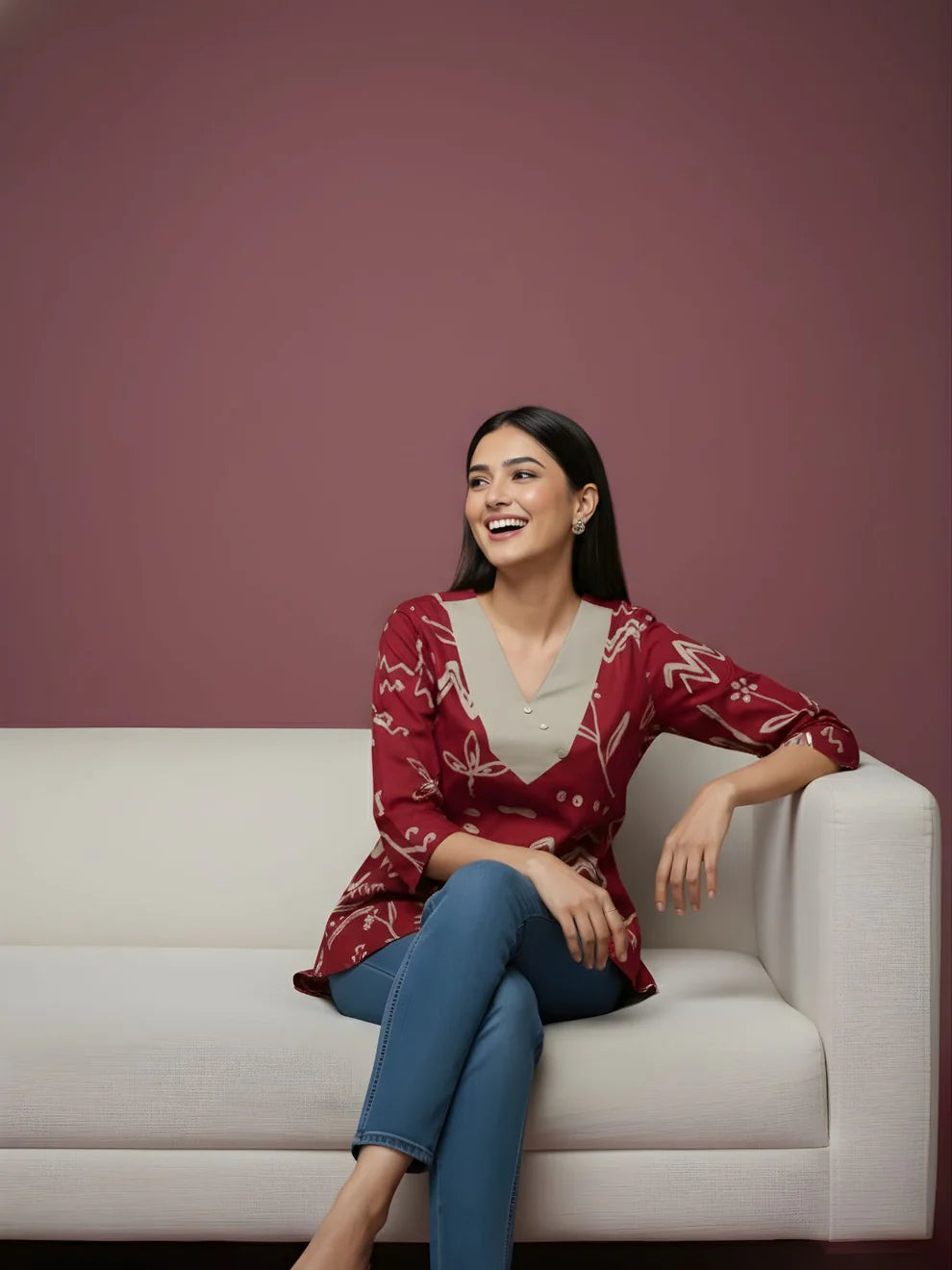 Burgundy Pure Cotton Printed Top with V Neck with Contrast Panel