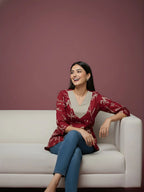 Burgundy Pure Cotton Printed Top with V Neck with Contrast Panel