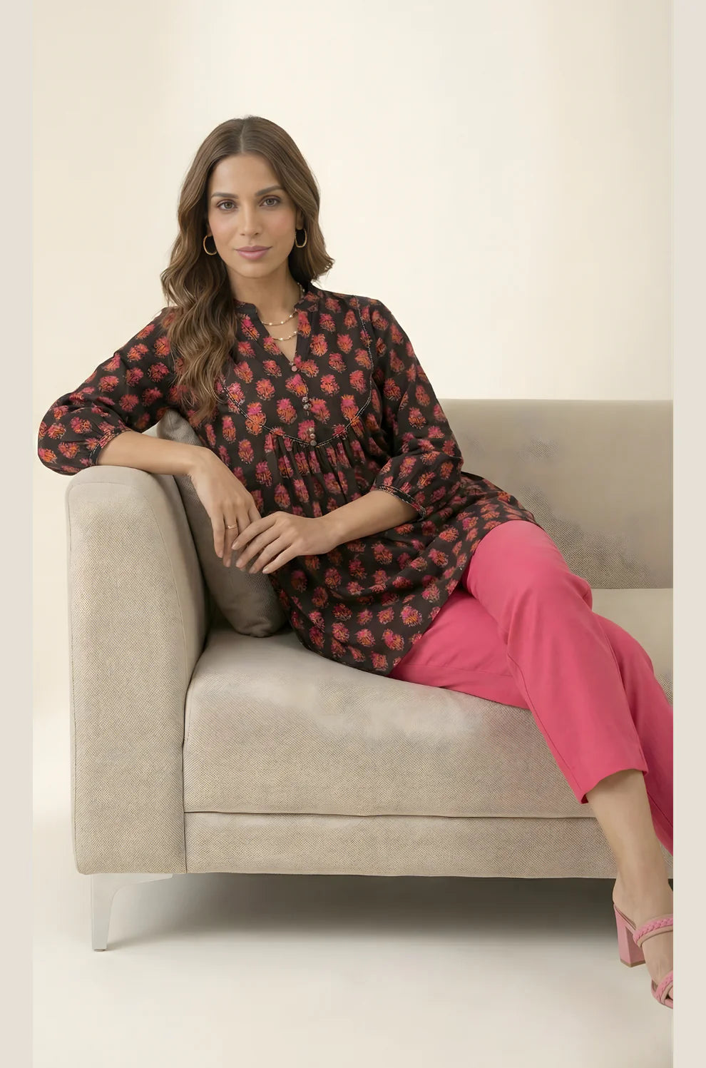 Black Pure Cotton Floral Booti Gathered Top with Mandarin Neck & Three-Quarter Sleeves