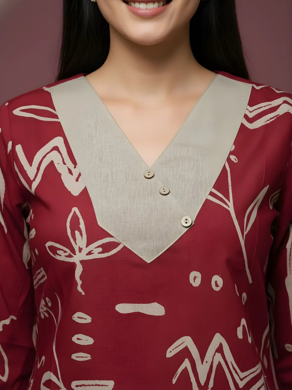 Burgundy Pure Cotton Printed Top with V Neck with Contrast Panel