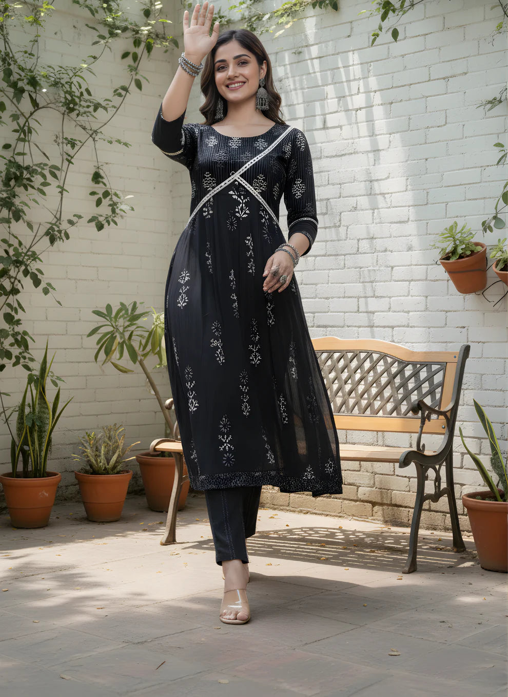 Elegant Black Printed Cotton Kurta Set