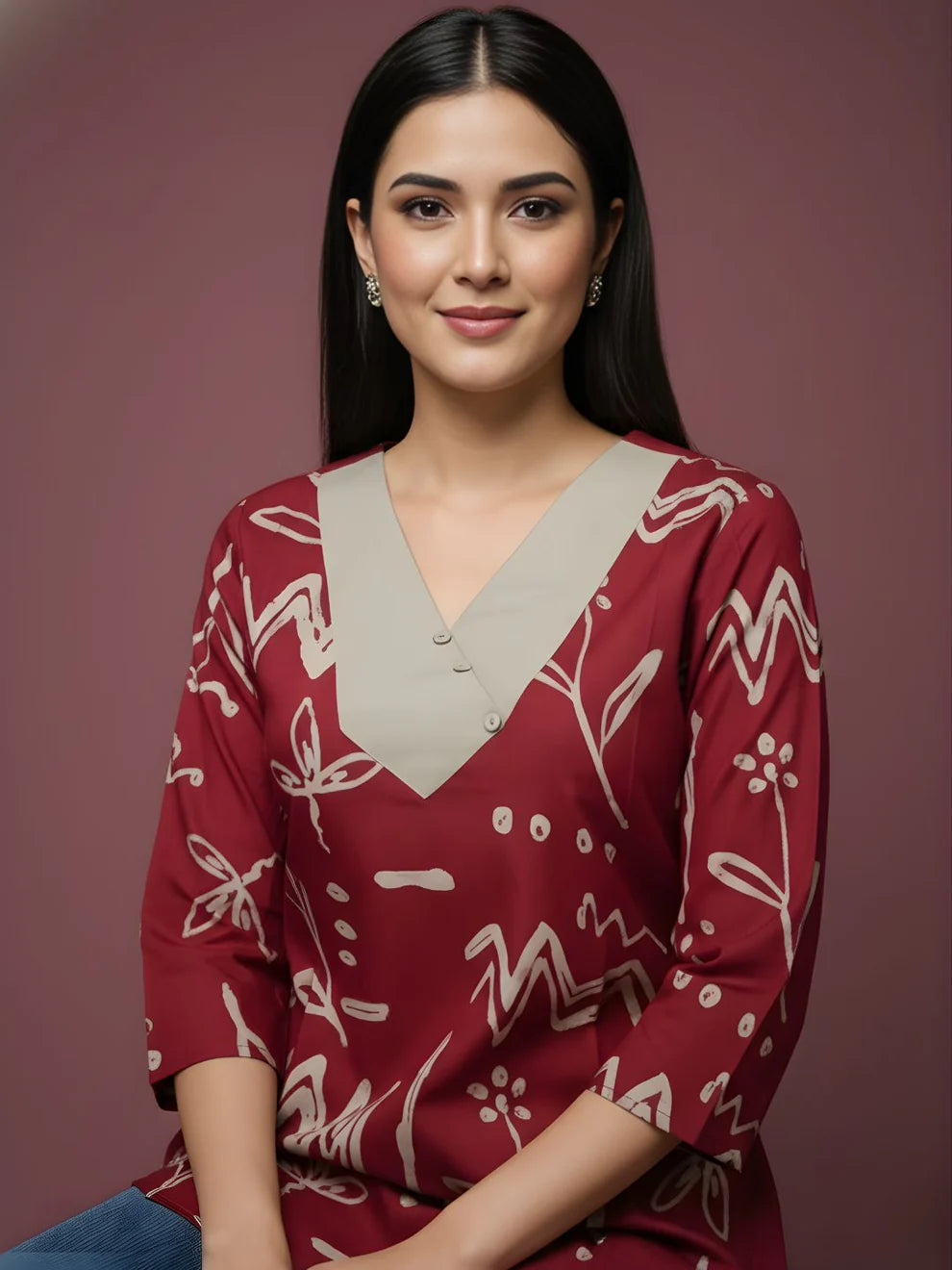 Burgundy Pure Cotton Printed Top with V Neck with Contrast Panel