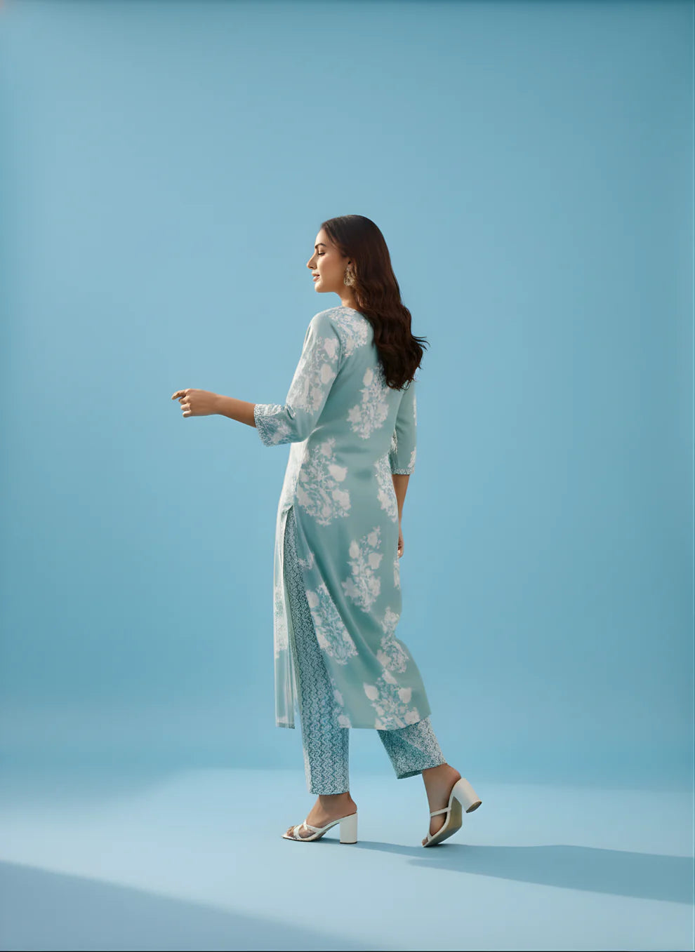 Steel Blue Rose Garden Pure Cotton Kurta & Pant Set