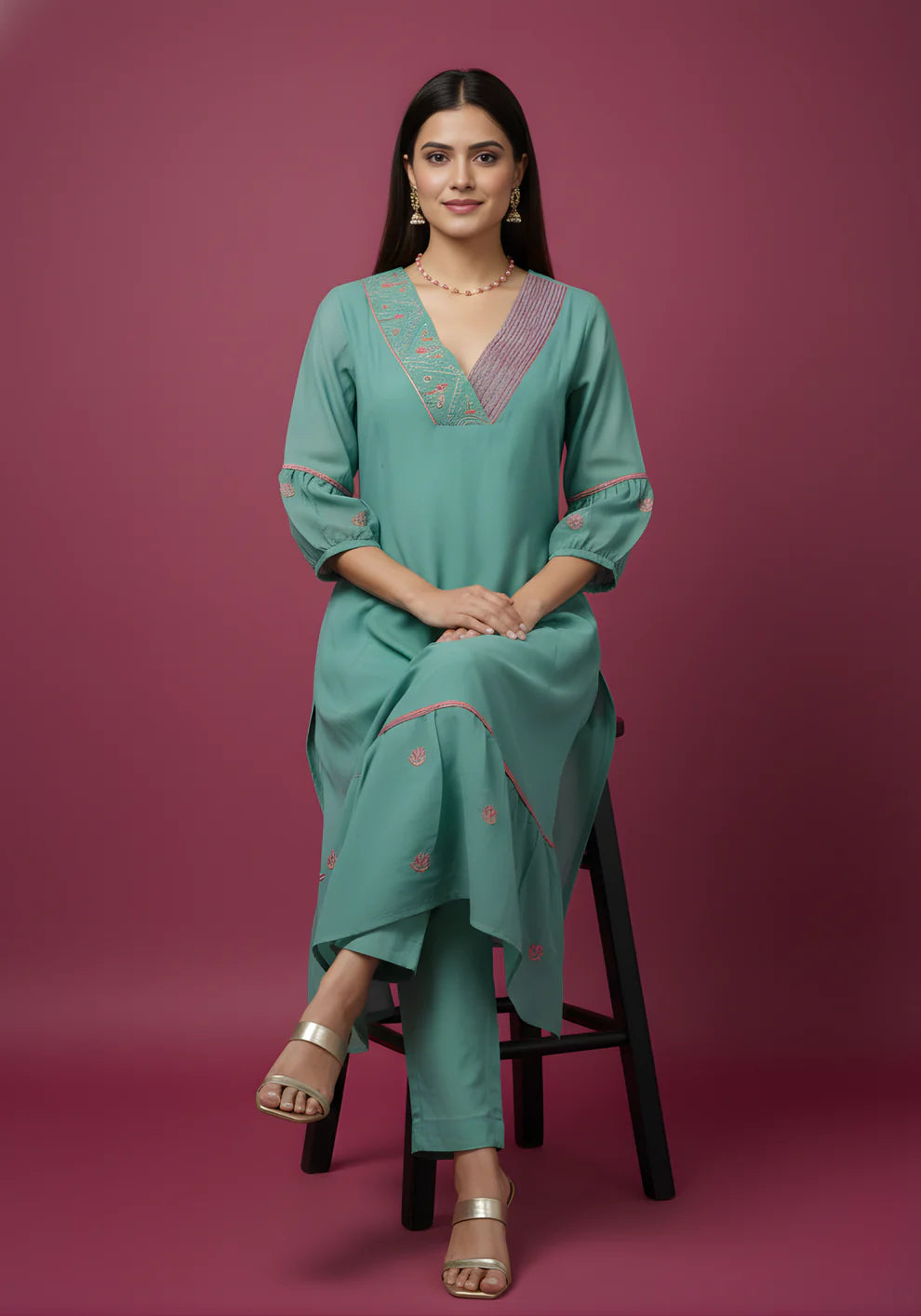 Sea Green Mul Chanderi Tiered Kurta & Pants Set with Embroidered Angrakha Yoke & Puff Sleeves