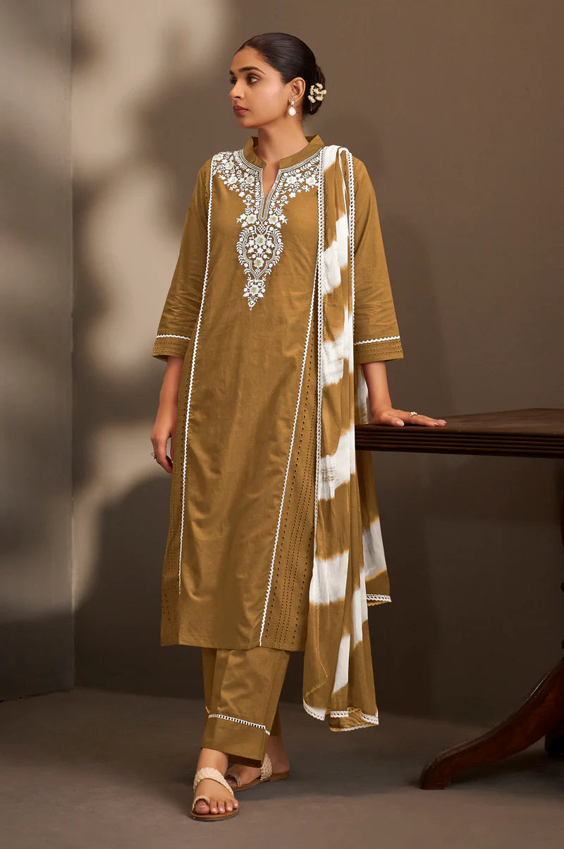 Rama Pure Cotton Schiffli Embroidered Straight Kurta Set with Cotton Pants & Najmin Chiffon Dupatta