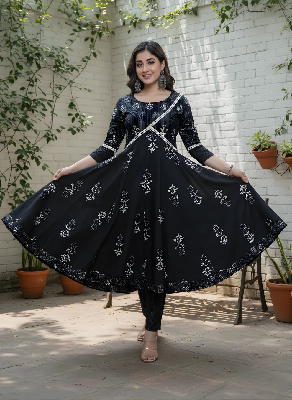 Elegant Black Printed Cotton Kurta Set