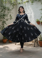 Elegant Black Printed Cotton Kurta Set