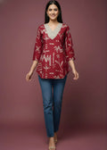 Burgundy Pure Cotton Printed Top with V Neck with Contrast Panel