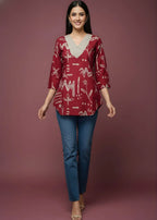 Burgundy Pure Cotton Printed Top with V Neck with Contrast Panel