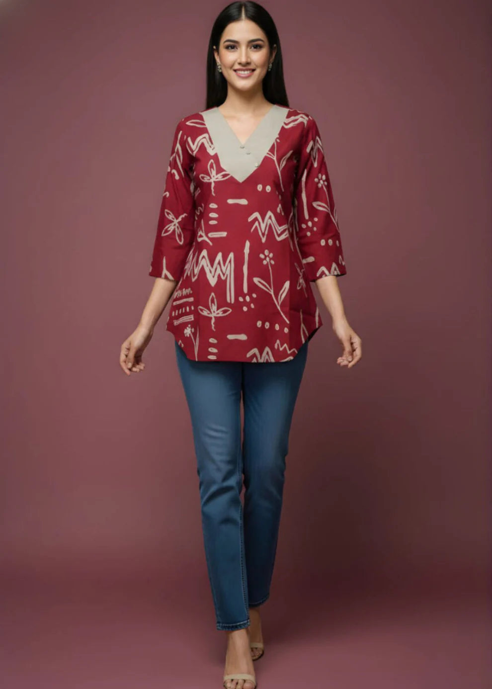 Burgundy Pure Cotton Printed Top with V Neck with Contrast Panel