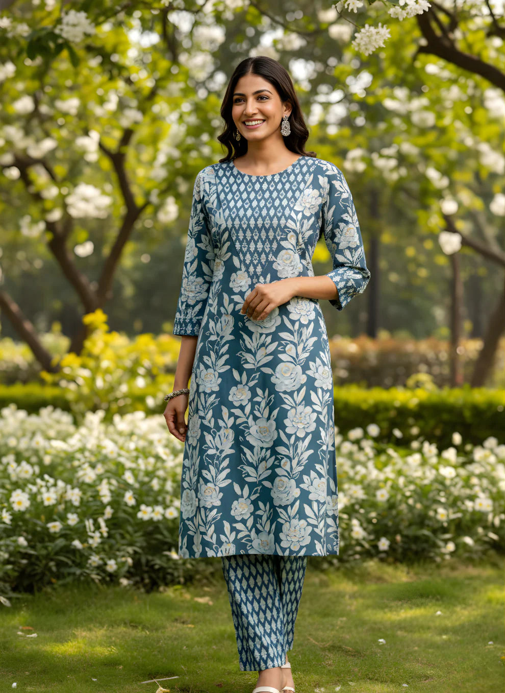 Steel Blue Floral Pure Cotton Printed Kurta & Pant Set