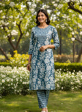 Steel Blue Floral Pure Cotton Printed Kurta & Pant Set