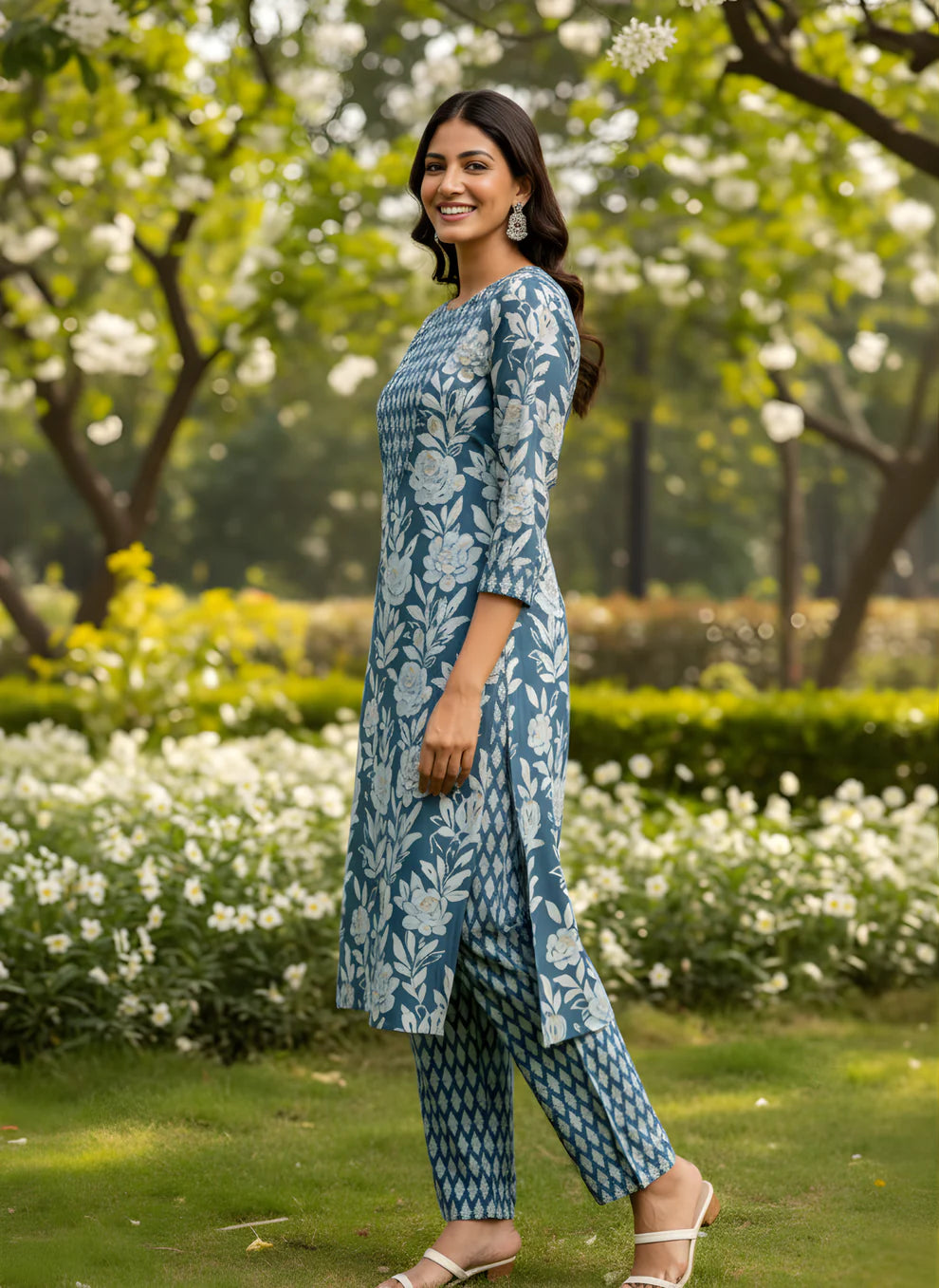 Steel Blue Floral Pure Cotton Printed Kurta & Pant Set