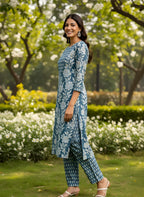 Steel Blue Floral Pure Cotton Printed Kurta & Pant Set