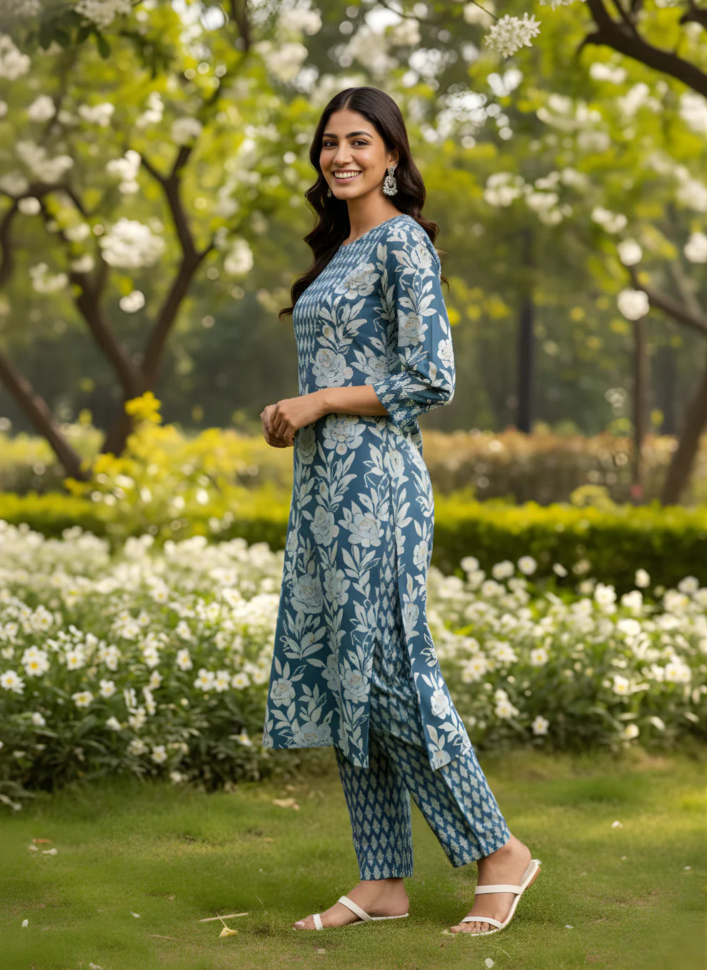 Steel Blue Floral Pure Cotton Printed Kurta & Pant Set