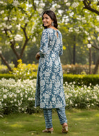 Steel Blue Floral Pure Cotton Printed Kurta & Pant Set