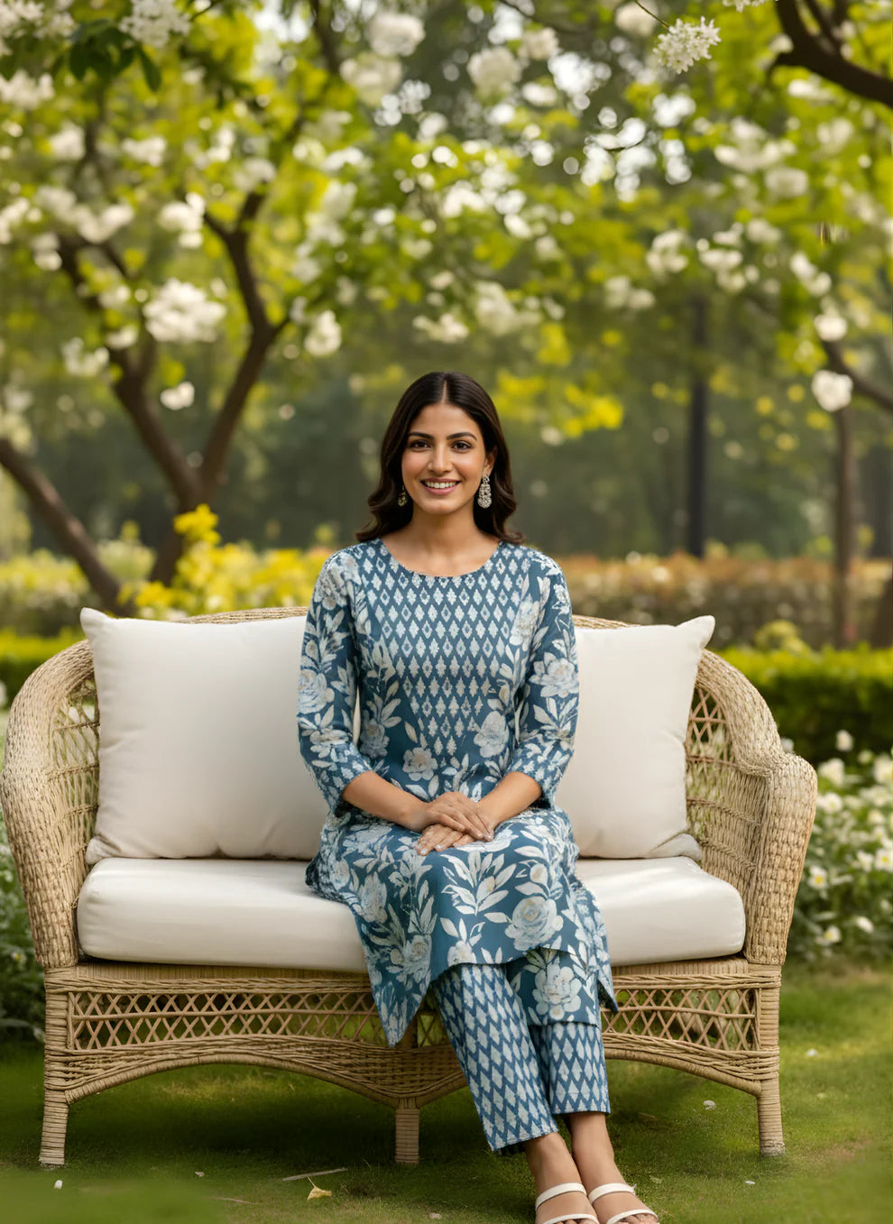 Steel Blue Floral Pure Cotton Printed Kurta & Pant Set