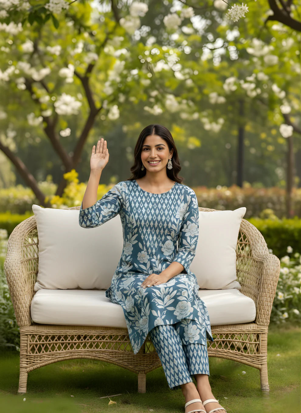 Steel Blue Floral Pure Cotton Printed Kurta & Pant Set