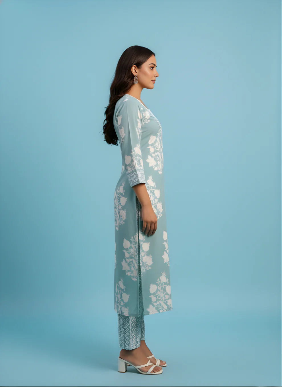 Steel Blue Rose Garden Pure Cotton Kurta & Pant Set