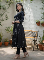 Elegant Black Printed Cotton Kurta Set