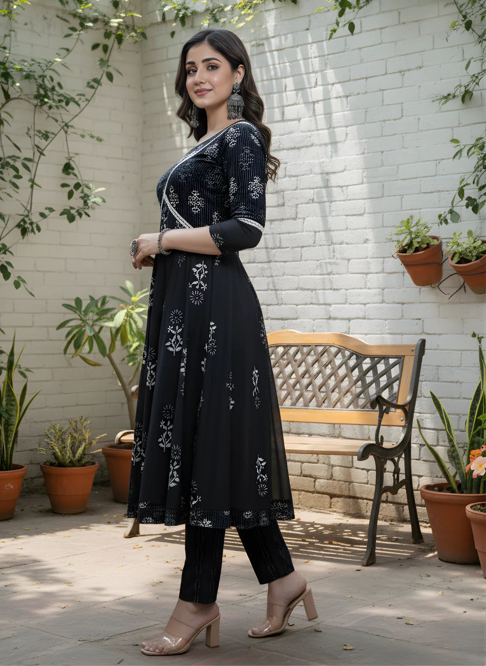 Elegant Black Printed Cotton Kurta Set
