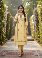 Mustard Yellow Embroidered Pure Flex Cotton Kurta Set