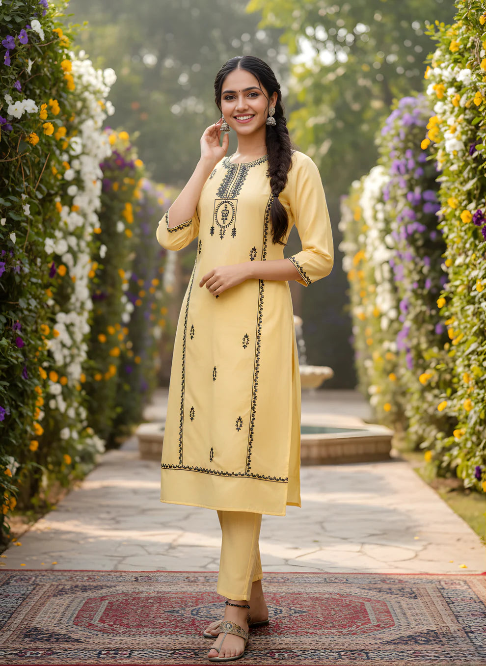 Mustard Yellow Embroidered Pure Flex Cotton Kurta Set