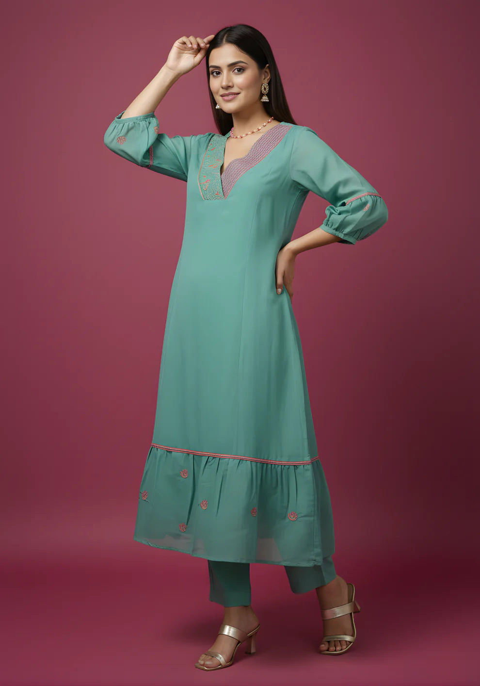 Sea Green Mul Chanderi Tiered Kurta & Pants Set with Embroidered Angrakha Yoke & Puff Sleeves