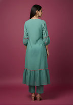 Sea Green Mul Chanderi Tiered Kurta & Pants Set with Embroidered Angrakha Yoke & Puff Sleeves