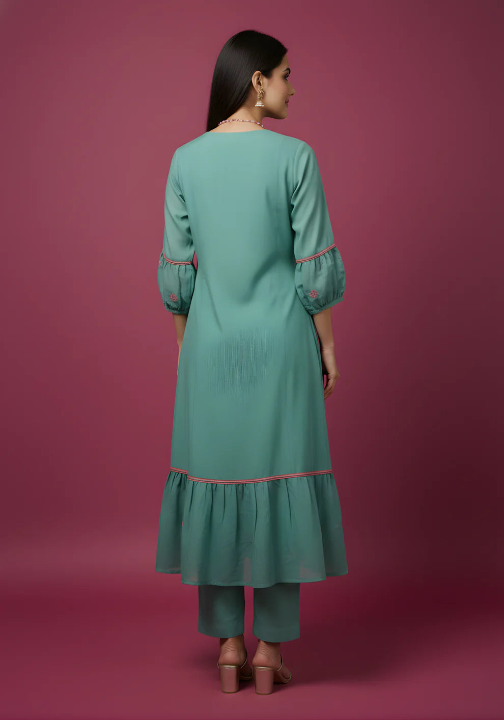 Sea Green Mul Chanderi Tiered Kurta & Pants Set with Embroidered Angrakha Yoke & Puff Sleeves