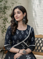 Elegant Black Printed Cotton Kurta Set