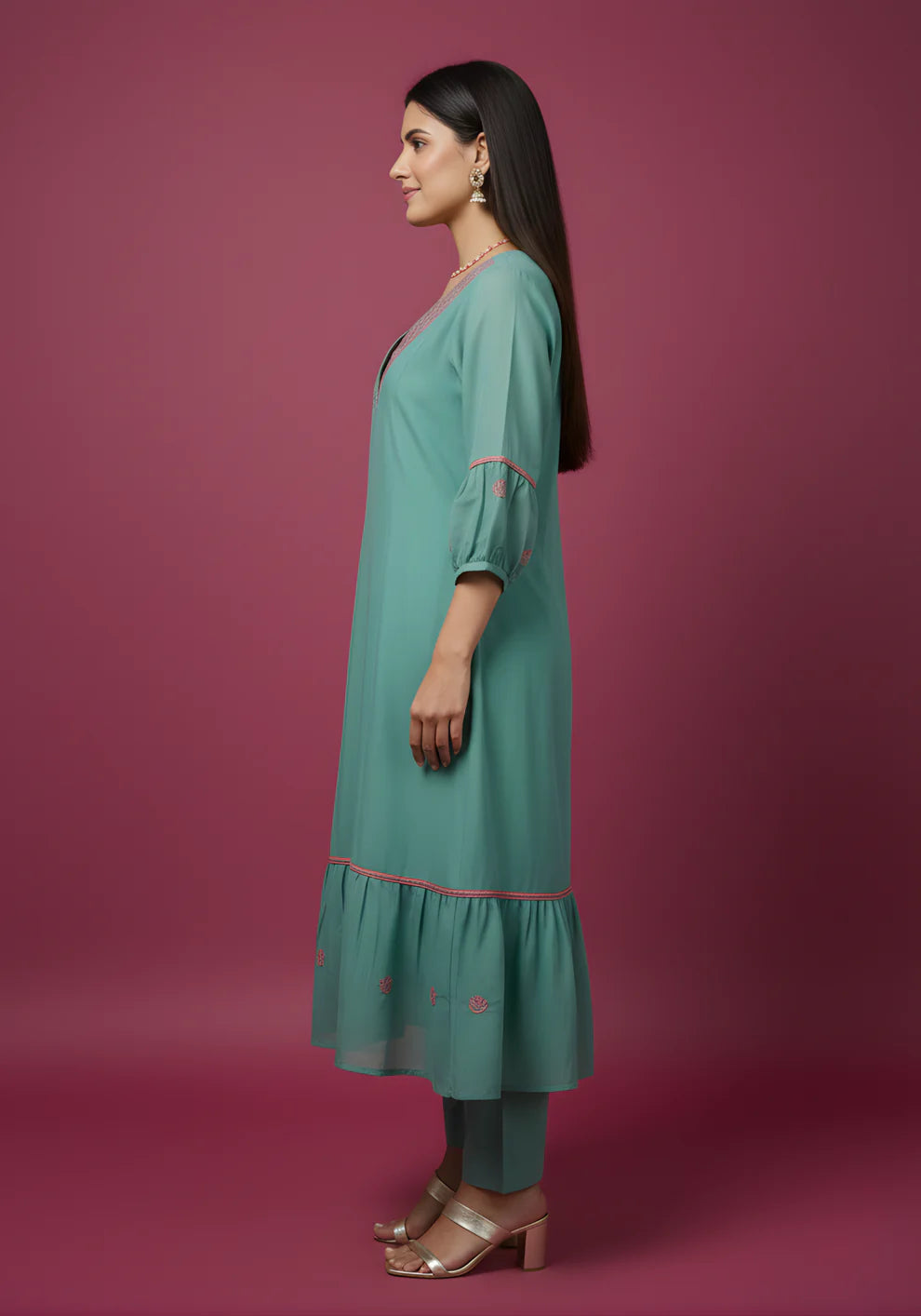 Sea Green Mul Chanderi Tiered Kurta & Pants Set with Embroidered Angrakha Yoke & Puff Sleeves