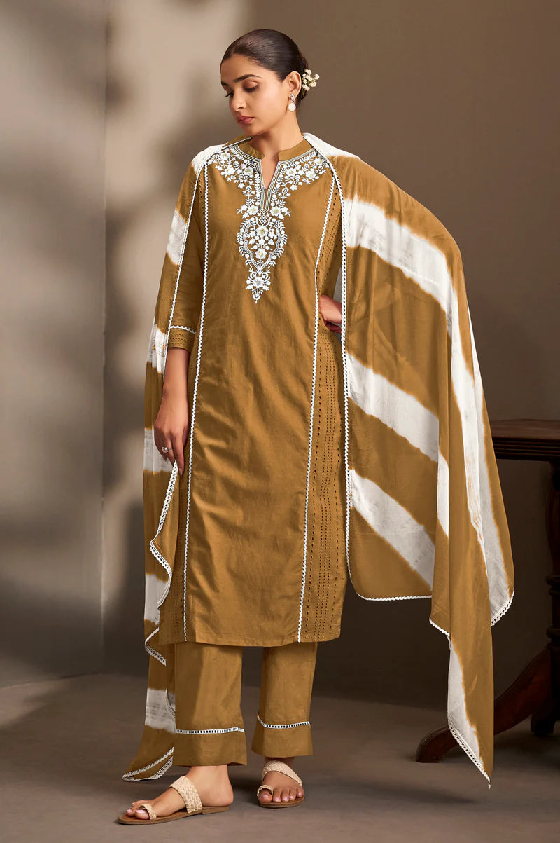 Rama Pure Cotton Schiffli Embroidered Straight Kurta Set with Cotton Pants & Najmin Chiffon Dupatta