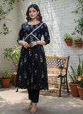 Elegant Black Printed Cotton Kurta Set