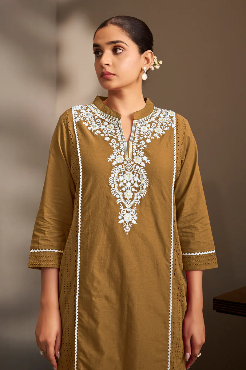 Rama Pure Cotton Schiffli Embroidered Straight Kurta Set with Cotton Pants & Najmin Chiffon Dupatta