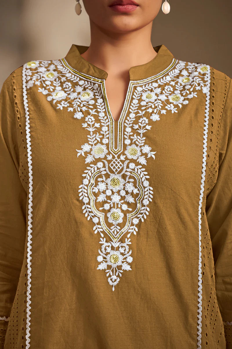 Rama Pure Cotton Schiffli Embroidered Straight Kurta Set with Cotton Pants & Najmin Chiffon Dupatta
