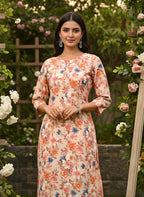 Peach Multicolour Floral Print Pure Cotton Straight Kurta & Pants Set with Self-Embroidery Detail
