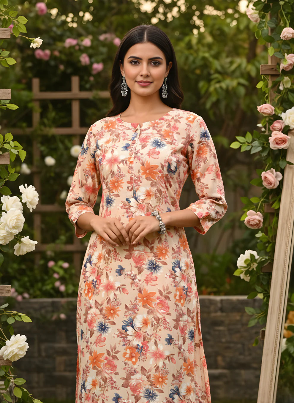 Peach Multicolour Floral Print Pure Cotton Straight Kurta & Pants Set with Self-Embroidery Detail