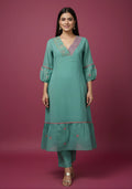 Sea Green Mul Chanderi Tiered Kurta & Pants Set with Embroidered Angrakha Yoke & Puff Sleeves