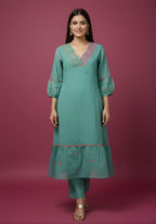 Sea Green Mul Chanderi Tiered Kurta & Pants Set with Embroidered Angrakha Yoke & Puff Sleeves
