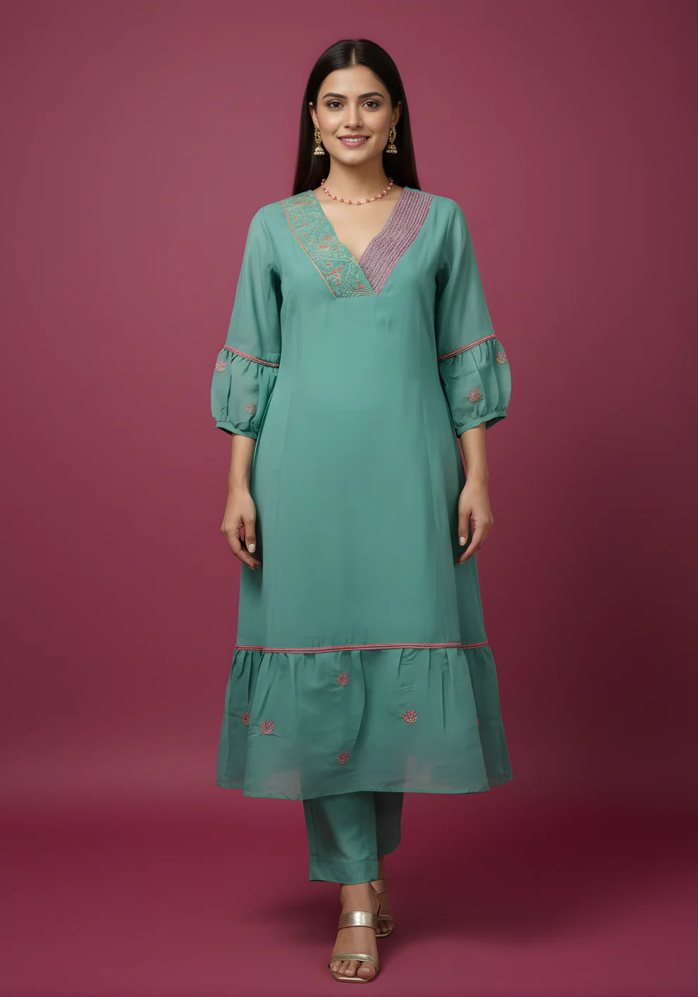 Sea Green Mul Chanderi Tiered Kurta & Pants Set with Embroidered Angrakha Yoke & Puff Sleeves