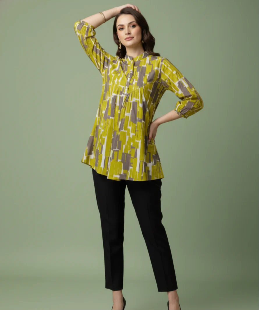 Aarohi Green Abstract Jaipuri Pure Cotton Gathered Top with Mandarin Neck & Three-Quarter Sleeves