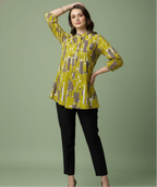 Aarohi Green Abstract Jaipuri Pure Cotton Gathered Top with Mandarin Neck & Three-Quarter Sleeves