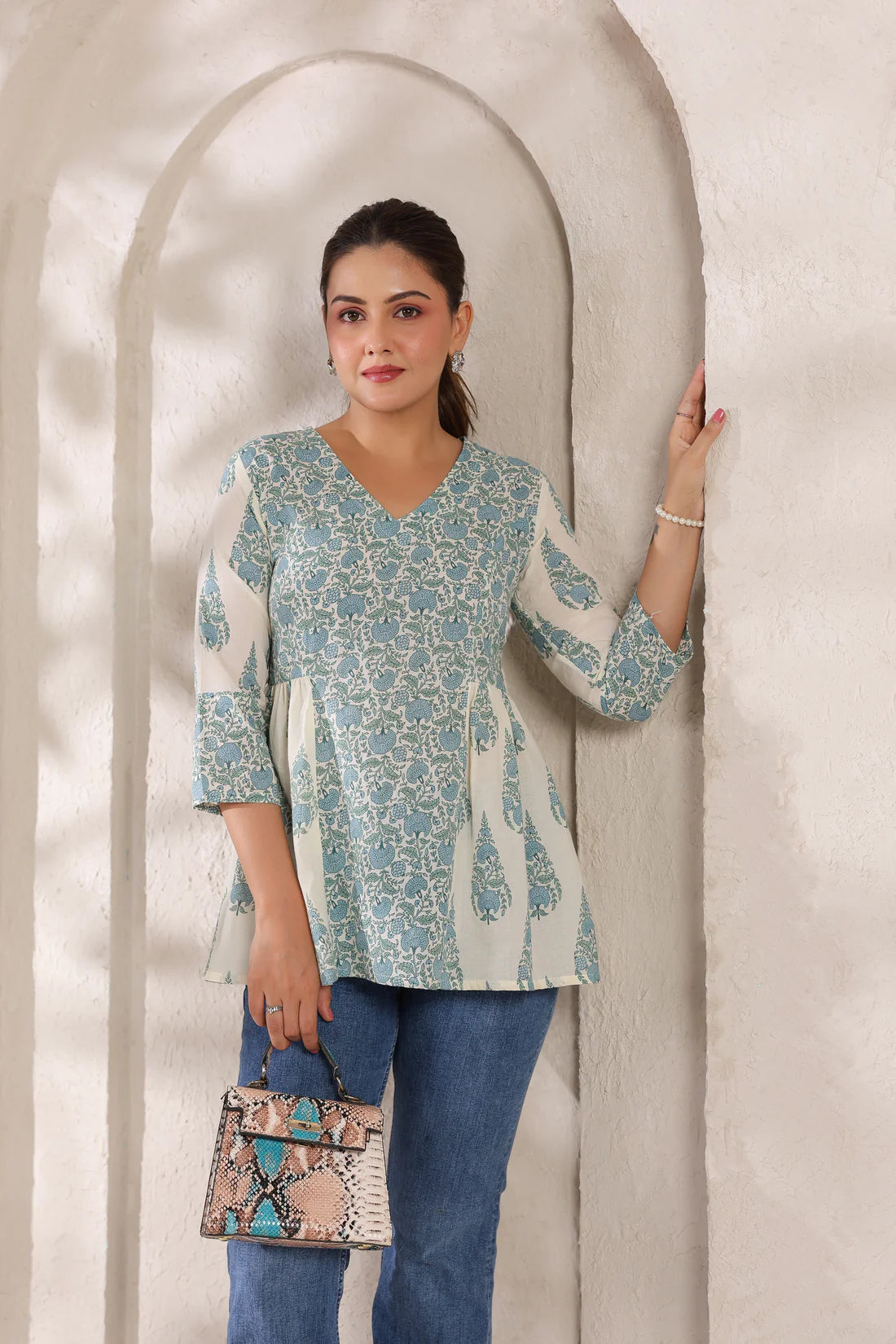 Ivory Pure Cotton Jaipuri Floral Jaal Printed Peplum Top