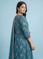 Teal Blue Mughal Floral Block Print Pure Cotton Kurta, Pants & Dupatta 3-Piece Set with Gold Foil Detail & Lace Border