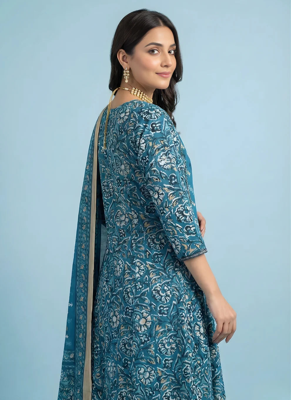 Teal Blue Mughal Floral Block Print Pure Cotton Kurta, Pants & Dupatta 3-Piece Set with Gold Foil Detail & Lace Border