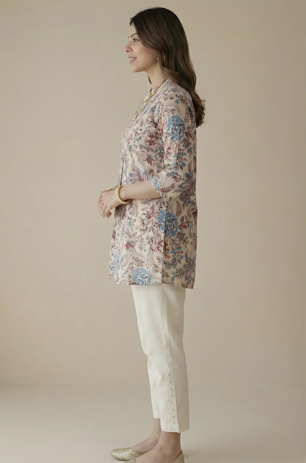 Ivory Pure Cotton Mughal Floral Printed Top