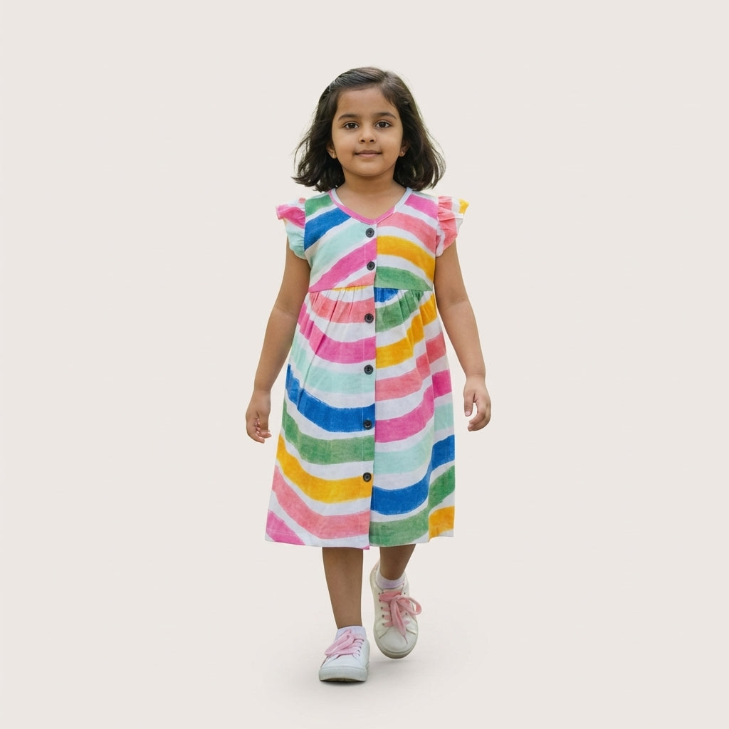 Girls Multicolor Stripe Dress – 100% Cotton | Rainbow Print
