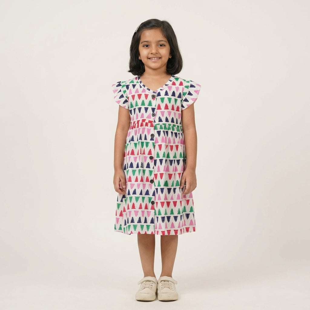 Girls Multicolor Printed Dress – 100% Cotton | Trendy Geometric Design